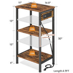 Asgolion Tall End Table with Charging Station, 3 Tier Narrow Tall Nightstand with Storage, Slim Side Table with USB Ports and Outlets for Bedroom, Living Room, Office, Rustic Brown and Black - color: Rustic Brown, style: With Outlet