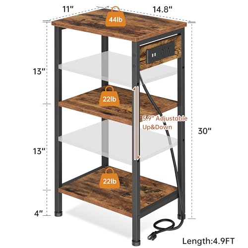 Asgolion Tall End Table with Charging Station, 3 Tier Narrow Tall Nightstand with Storage, Slim Side Table with USB Ports and Outlets for Bedroom, Living Room, Office, Rustic Brown and Black - color: Rustic Brown, style: With Outlet