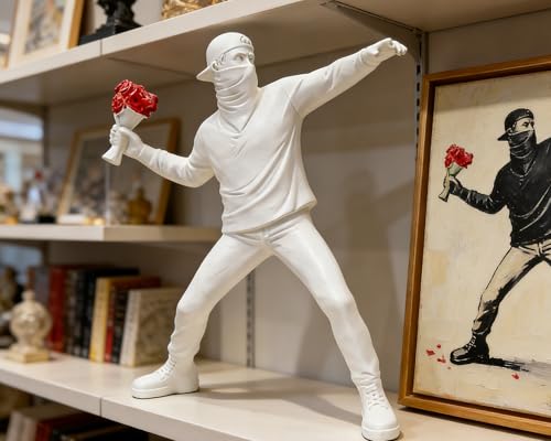 Banksy Flower Thrower Sculpture, 8.5 inch White Banksy Street Graffiti Art Statue Replica, Inspirational Sculpture Gifts Peace Hope - color: White