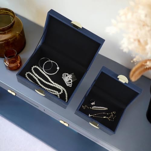 HofferRuffer Faux Leather Jewelry Boxes, Decorative Boxes Storage Accessory Organizer with Gold Hardware Decor, Classic Vegan Leather Set of 2 Pieces (Navy Blue) - color: Navy Blue