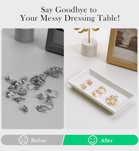 Emibele Jewelry Tray, Small Rectangle Ceramic Vanity Tray Jewelry Dish, Trinket Perfume Tray for Cosmetics, Rings, Bathroom Kitchen Soap, White - color: White(1 Pack)