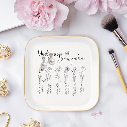 God Says You Are - Christian Bible Verse Jewelry Dish Trinket Tray - Unique Ceramic Ring Jewelry Tray for Women (God says you are) - style: God says you are