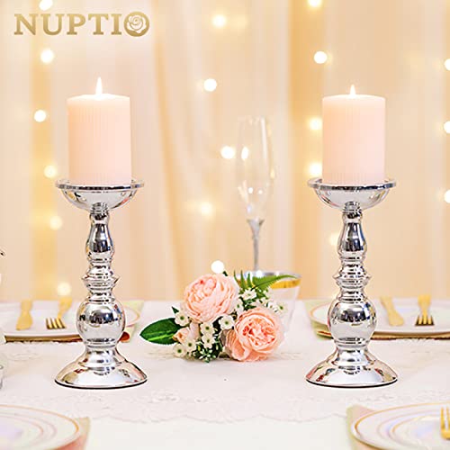 Nuptio Silver Pillar Candle Holders, Wedding Centerpieces Metal Candle Holder for 3 inches Candles Stand Decoration Ideal for Weddings Special Events Parties Living Room, 2 Pcs - color: Silver, size: L + L