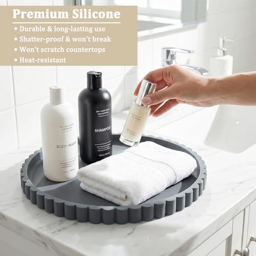 Silicone Bathroom Vanity Tray, Modern Round Decorative Tray for Countertop, Waterproof & Unbreakable Cosmetic Perfume Organizer, Extra-Thick & Sturdy, Easy to Clean Candle Tray (Dark Grey, 10 inch) - color: Dark Grey, size: 10"