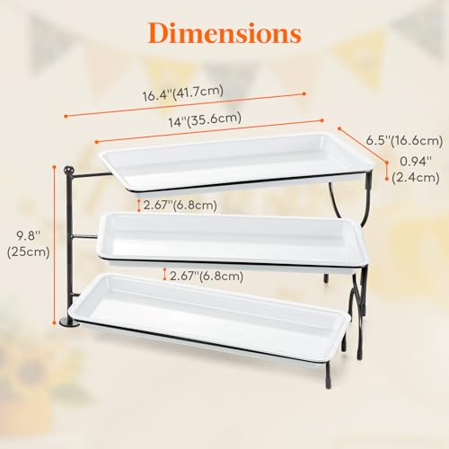 Lifewit 3 Tier Serving Tray, 36 x 17 cm/14 x 6.5" White Plastic Tiered Food Serving Platters, Rotating Tiered Tray Stand for Party with Black Collapsible Metal Stand, Dessert Table Stands for Cookies - size: 14" x 6.5", style: Rotatable