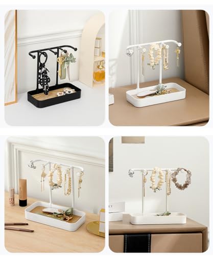 esowemsn 1PC White Desktop Jewelry Organizer Stand Earring Holder Keychain Bracelet Holder with Wooden Tray 5 Hooks Necklaces Hanging for Necklaces,Bracelets,Chains,Rings,Earrings,Keys - color: White