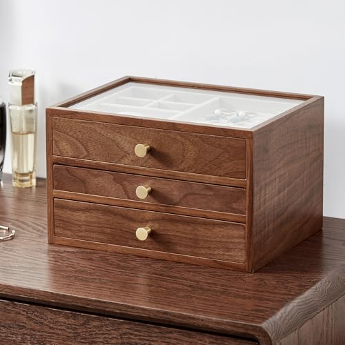 CHOSIN Black Walnut Wooden Jewelry Box for Women, 3-Layer Wood Jewelry Organizer with Glass Lid for Watches, Necklaces, Rings & Earrings Storage Mothers Day Gifts for Mom - style: 3 Layer