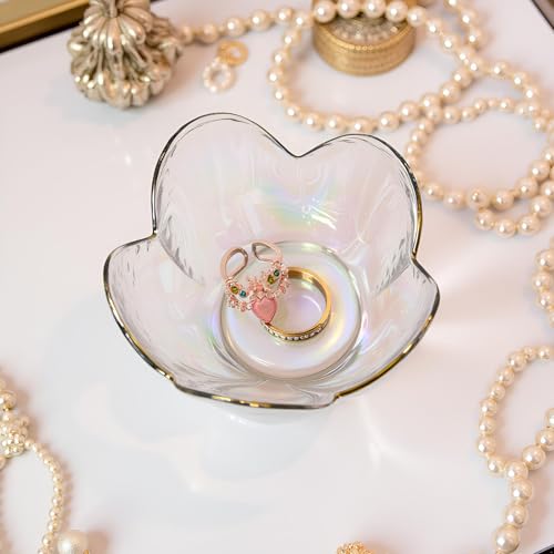 Rainbow Flower Ring Dish Jewelry Tray, Small Glass Trinket Tray for Rings Earrings, Present for Wife Mom Daughter Women - color: crystal rainbow color