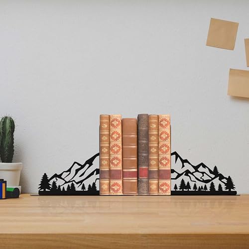 Mountain and Pine Tree Metal Bookends, Cabin Decor, Mountain Decor, Unique Bookends, Decorative Bookends for Home Farmhouse Office Desk Shelf Bookshelf Rustic Room Decor(Tree)
