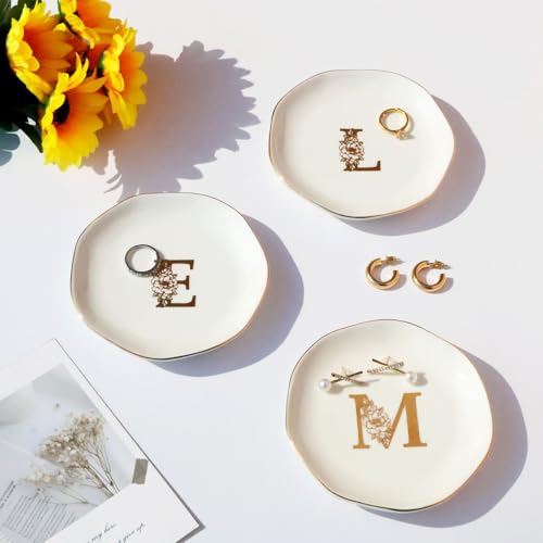 Ceramic Jewelry Tray Initial Ring Dish Personalized E-Monogrammed Engagement Wedding Gifts,Decorative Jewelry Holder for Friends,Sister,Birthday Mother's Day Christmas for Women,Ceramic White - style: E