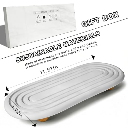 Instant Dry Sink Tray, Anti-Slip Stone Sink Caddy, Durable Kitchen Sink Organizer, Quick Dry Water Absorbing Stone Tray for Bathroom Counter, Stone Soap Tray -White - color: White Wooden Foot 4circles Large
