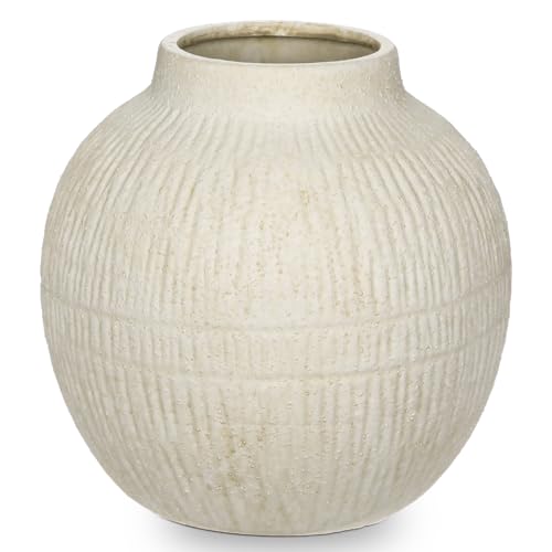 7" Short Round Clay Vase with Vertical Engravings Texture, Sand-Grain Tactile, Wide Ceramic Vase for Cafe Centerpiece Decor, Bohemian Style, Small & Beige White - color: 7" Cream White