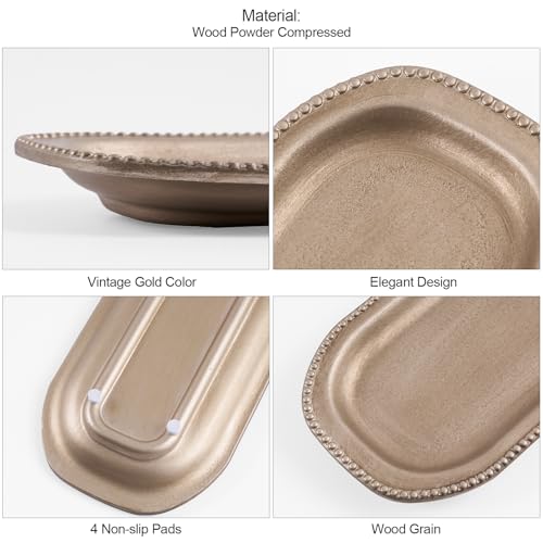 Wooden Decorative Tray, 13.9×5.9" Oval Distressed Boho Coffee Table Tray Decor, Kitchen Dining Table Trays Farmhouse Home Decor, Wood Beaded Rustic Trays for Living Room, Bathroom (Golden Brown)