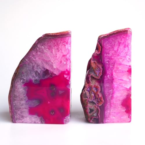 Geode Bookends Agate Decor Book Ends Unique Crystal Bookend Dyed Pink for Home Decorative 1 Pair 2-3 Lbs - color: Pink, size: 2-3LBS