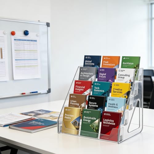 5 Tier Brochure Holder 12x13” Clear Acrylic Literature Display Stand Holds 3 Brochures in One Row Pamphlet Holder Display Stand for Booklets Flyers Table Signs Office Exhibition Store Home, 1 Pack