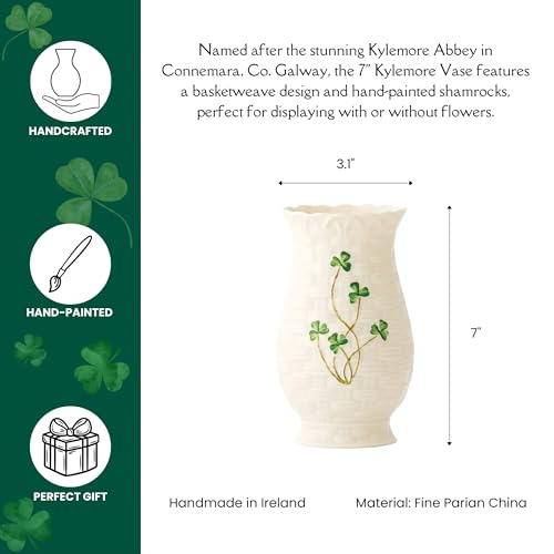 Belleek Kylemore Vase - White Flower Vase Handcrafted Fine Parian China Shamrock Irish Decor, 3.1 x 7 Inches