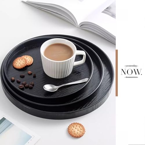 Round Wood Serving Tray, Solid Wooden Decorative Tray Non-Slip Tea Coffee Table Tray Snack Plate Food Meals Serving Tray with Raised Edges for Home Decor Kitchen Restaurant (8.2inch, Black) - size: 8.2"