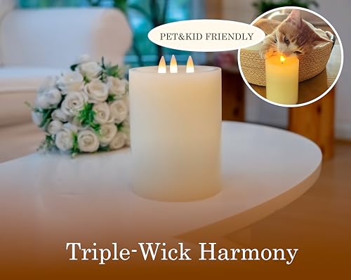 3-Wick Flameless Pillar Candle with Remote Timer, 3D Moving Flame Real Wax Led Candles (Ivory with 3 Wick, 6.5in) - color: Ivory with 3 wick