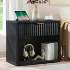 LEYAOYAO 31" Wide Fluted Nightstand with Charging Station, Oversized Extra Large 1 Drawer Night Stand with Golden Handle, Black Wood Bedside Table Tall End Tables,for Bedroom, Living Room, Hallway - color: Black, size: 1 Drawers