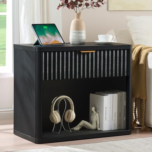 LEYAOYAO 31" Wide Fluted Nightstand with Charging Station, Oversized Extra Large 1 Drawer Night Stand with Golden Handle, Black Wood Bedside Table Tall End Tables,for Bedroom, Living Room, Hallway - color: Black, size: 1 Drawers