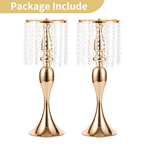 2 Pcs 21.3 inches Tall Crystal Flower Stand Wedding Road Lead Flowers Holders Centerpiece Metal Chandelier for Reception Tables Supplies - color: Gold, size: 2 x L