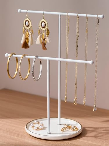 White Jewelry Holder Stand with Ceramic Tray: Small Hanging Necklace Organizer Tree for Earrings, Bracelets, Rings – Jewelry Display Hanger for Women & Girls, White - color: white tray white bar