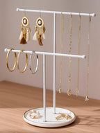 White Jewelry Holder Stand with Ceramic Tray: Small Hanging Necklace Organizer Tree for Earrings, Bracelets, Rings – Jewelry Display Hanger for Women & Girls, White - color: white tray white bar
