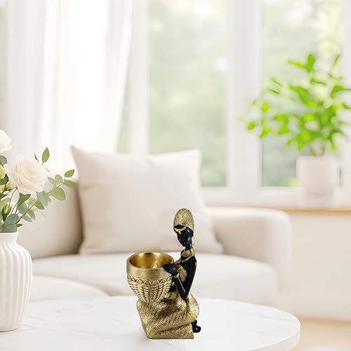 African Resin Woman Statue with Bowl – Golden Kneeling Tribal Figurine for Home Decor, Candy Dish, Jewelry Holder, Boho Shelf Accent - color: 305gold