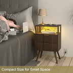 JOONEE Nightstand with Charging Station and LED Lights,Modern Bedside Table with 2 Storage Drawer and Open Wood Shelf, for Bedroom and Small Spaces,Night Stand with Solid Wood Legs,Walnut Brown - color: Walnut Brown