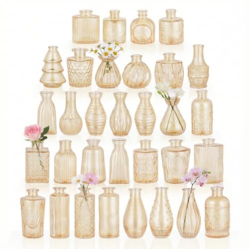 BEAHOT 32 Pack Gold Flower Vase in Bulk,Mini Vintage Glass Bud Vases for Centerpieces,Wedding Decor,Party & Home Decaration,Mother's Day (Gold) - color: Gold