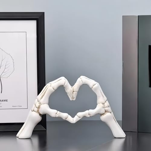 Halloween Heart Hands Sculpture, White Skeleton Hands Love Ornaments Heart Finger Sign for Shelf Decor Home Desktop Ornament - style: Modern