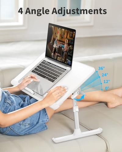 SAIJI Laptop Bed Tray Table, Adjustable PVC Leather Laptop Bed Table, Portable Standing Desk with Storage Drawer, Foldable Lap Tablet Table for Sofa Couch Floor (Large,White) - color: White