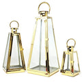 Allgala 3-PC Lantern Set 24 Inch Jumbo Deluxe Modern Indoor/Outdoor Candle Lantern Set Gold Stainless Steel Tapered Trapezoid Frame with Tempered Glass for Garden Patio Fireplace Wedding - color: Taper Gold