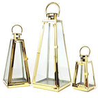 Allgala 3-PC Lantern Set 24 Inch Jumbo Deluxe Modern Indoor/Outdoor Candle Lantern Set Gold Stainless Steel Tapered Trapezoid Frame with Tempered Glass for Garden Patio Fireplace Wedding - color: Taper Gold