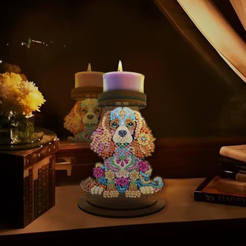 ARTopet DIY Diamond Art Painting Candlestick Holders Wooden Desk Candle Holder Ornament Double Sided Diamond Tabletop Ornaments for Home Decor-Dog - color: Dog