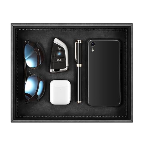 SITHON Valet Tray Desk Organizer, PU Leather Catchall Bedside Vanity Tray Nightstand Caddy Coin Box Key Jewelry Storage Organizer, Valentine's Day Gift, Black - color: *Black