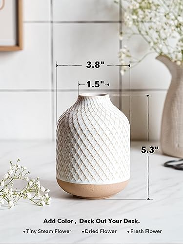 Small Boho Vase for Decor,Rustic Farmhouse Vase for Pampas Grass,Eucalyptus Set and Tiny Stem Flowers,Ceramic Vintage for Centerpieces, 5.3 Inch -Rhombus, Embossment - style: Rhombus
