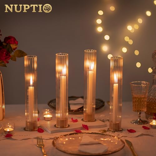 NUPTIO Hurricane Candle Holder for Centerpiece: Set of 10 Metal Taper Candle Holders with Fluted Glass Cylinders - Gold Candlestick Holders Bulk for Outdoor Party Dinner Wedding Table Decoration