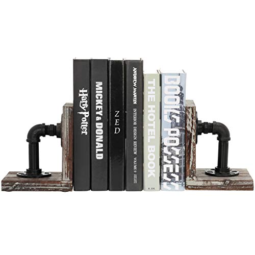 MyGift Decorative Bookends, Office Book Ends for Shelf, Book Holder L-Shaped Stand Desktop, Solid Torched Wood with Realistic Industrial Pipe Design - color: Torched Wood