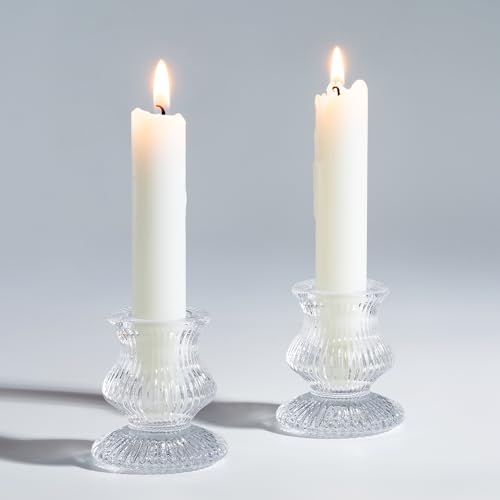 Romadedi Glass Candle Holder for Candlestick - 2 Pcs Clear Small Tapered Candle Holder Decor Wedding Table Centerpiece for Candle Sticks Christmas Party Living Room Dinner Advent - color: Clear, size: 2 Pcs