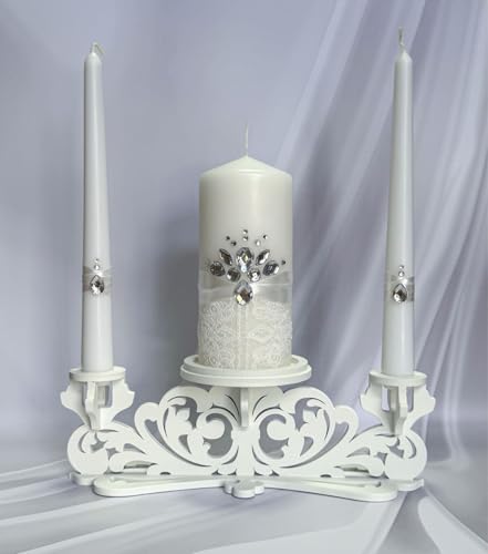 Wooden Unity Candle Holder – Solid One-Piece Triple Candle Stand – Handcrafted from Natural Wood – Painted in Safe Premium White Finish – Fits 2 Taper (0.80”) & 1 Pillar Candle (3”)