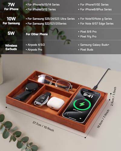 Valet Tray, Built in Wireless Charging Pad, Nightstand Organizer, Two-Toned Premium Vegan Leather Desk Bedside Caddy Organizer Tray for Keys, Watch, Wallet,Jewelry (Brown Patchwork) - color: Brown Patchwork