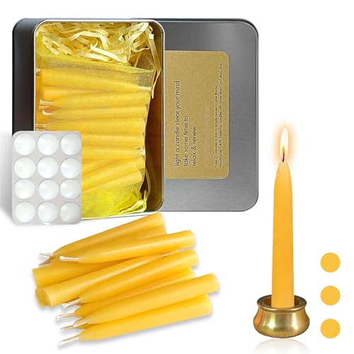 20 Minute Meditation Candles for Anxiety Relief Mini Beeswax Taper Candles Set of 30 with Brass Holder & Candle Wax Dots for Secure Fit Dripless Prayer Candles for Yoga Ritual & Spiritual Practice - color: 30pcs Beeswax Candles