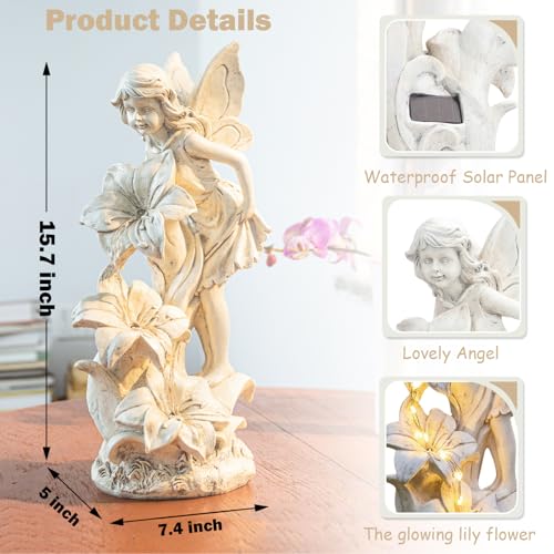 Angel Garden Statue Outdoor, Solar Powered Resin Garden Sculptures Fairy Angel Statues Waterproof LED Lights Yard Art Decorations for Outside Patio Lawn Ornament Gardening Gifts - style: Flower