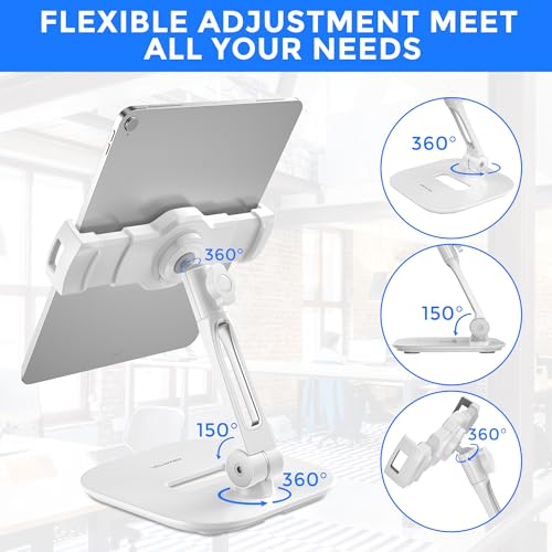 AboveTEK Tablet Stand Holder, Stylish Aluminum iPad Stands, Foldable 360° Swivel iPad iPhone Table Stand Holder fits 4-11" Tablets/Smartphones for Kitchen Bedside Office POS Showroom Reception (White) - color: White, size: 4"-11"
