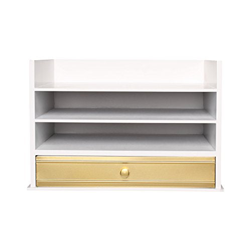Kate and Laurel Industrious Desktop Wood Letter Tray with 3 Trays and Drawer, White and Gold
