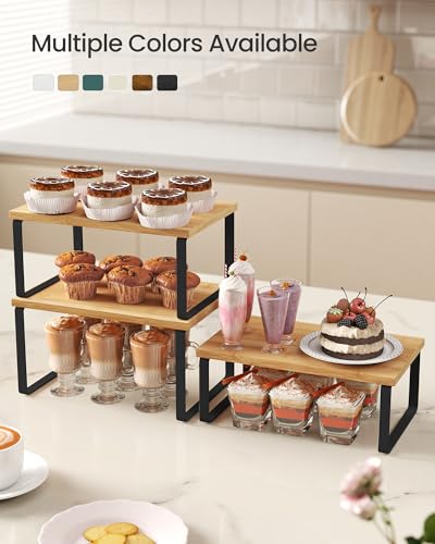 SONGMICS Cabinet Organizer Shelf, Set of 3 Kitchen Counter Shelves, Kitchen Storage, Spice Rack, Stackable, Expandable, Ink Black and Natural Beige UKCS014YL03 - color: Ink Black + Natural Beige