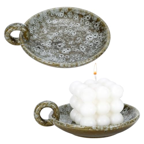 PH PandaHall 2pcs Vintage Ceramic Candle Tray, 4.9 inch Rustic Candle Holder Incense Holders with Handle Olive Green Plate Cup Holder for Tea Lights Pillar Candles Cup Home Decor Housewarming Decor - color: Green
