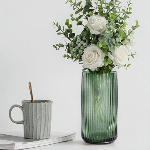 8 Inch Tall Emerald Green Glass Vases for Flowers-Vintage Decorative Ribbed Glass Cylinder Vase for Table, Countertops, Shelves, Flower Vase for Home Decor, Wedding Centerpieces, Kitchen - color: Green, size: Small - 8''H