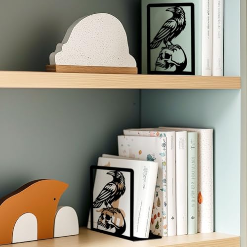 Raven and Skull Decor Gothic Metal Bookends for Shelves, Office Desk Organizer Book Ends for Heavy Books, Home Office Desk Bookshelf Decor Gift for Gothic Lovers and Reading Enthusiasts - style: Crow